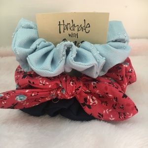 Handmade pink and blue scrunchie bow set